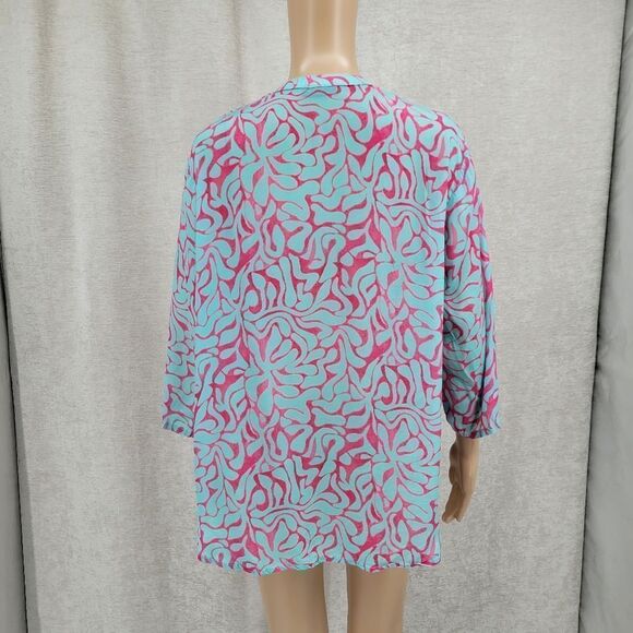 APNY Pink Blue Cupro Viscose Printed Top Button Down Blouse Women's Large - Picture 5 of 11